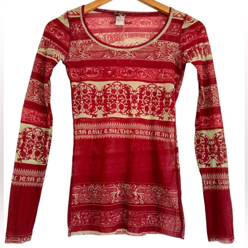 Jean-Paul Gaultier 1990s Y2K Vintage Fishbone Tattoo
Print Red Mesh Long Sleeve